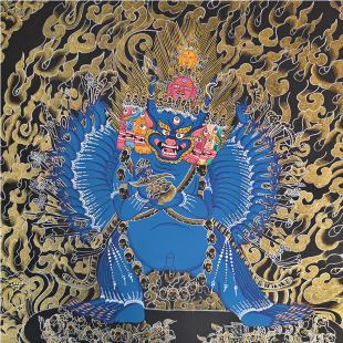 Nepalese Hand-Painted Dorje Drakpa Thangka, Yellow God of Wealth, Manjushri, Four-Armed Avalokiteshvara, Samantabhadra, Green Tara, Black Tang Entrance Hanging Painting