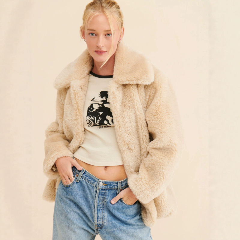 Internet Celebrity Style Teddy Faux Lamb Fur Coat for Women, Loose Fit with Large Lapel, Fashionable Casual Warm Plush Top