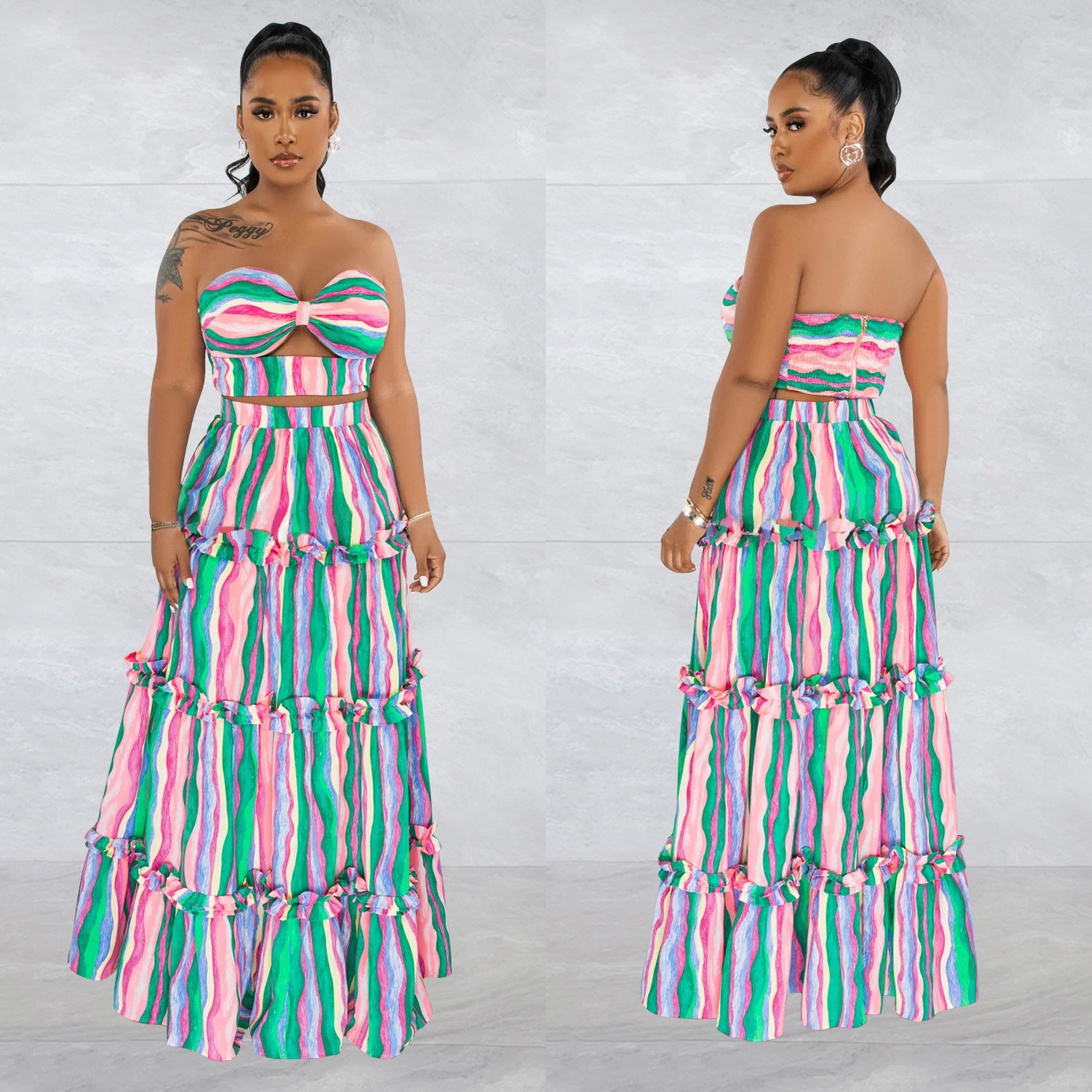 X6646 transfronteriza AliExpress Amazon moda europea y americana de las mujeres sin mangas tubo superior a rayas vestido impreso conjunto de dos piezas