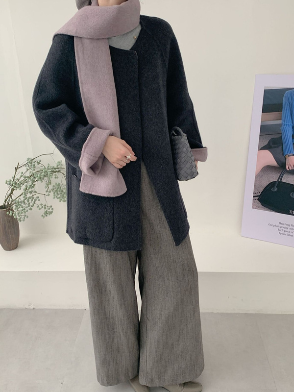 AB撞色围巾高级感圆领双面羊毛大衣女2025秋冬新款韩系小个子呢子|undefined