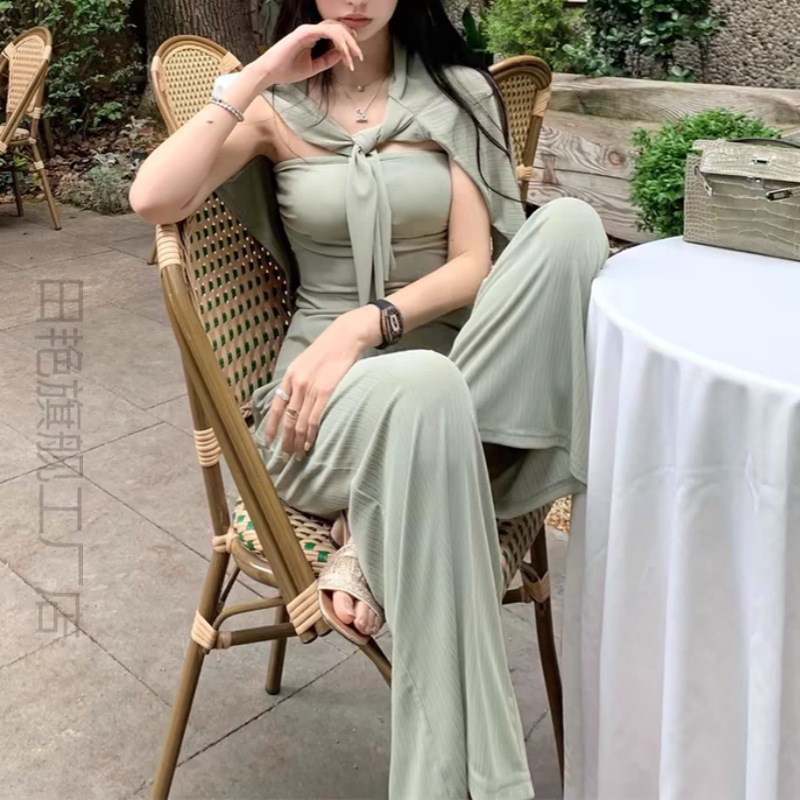 여름 캐주얼 통기성 쿨 니트 카디건 | 스트랩리스 가슴 패드 조끼 | 스트레이트 바지 여성용 세트 편안한