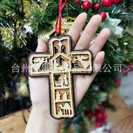 跨境新品多层十字架圣诞挂件派对装饰木质挂饰木制工艺品批发