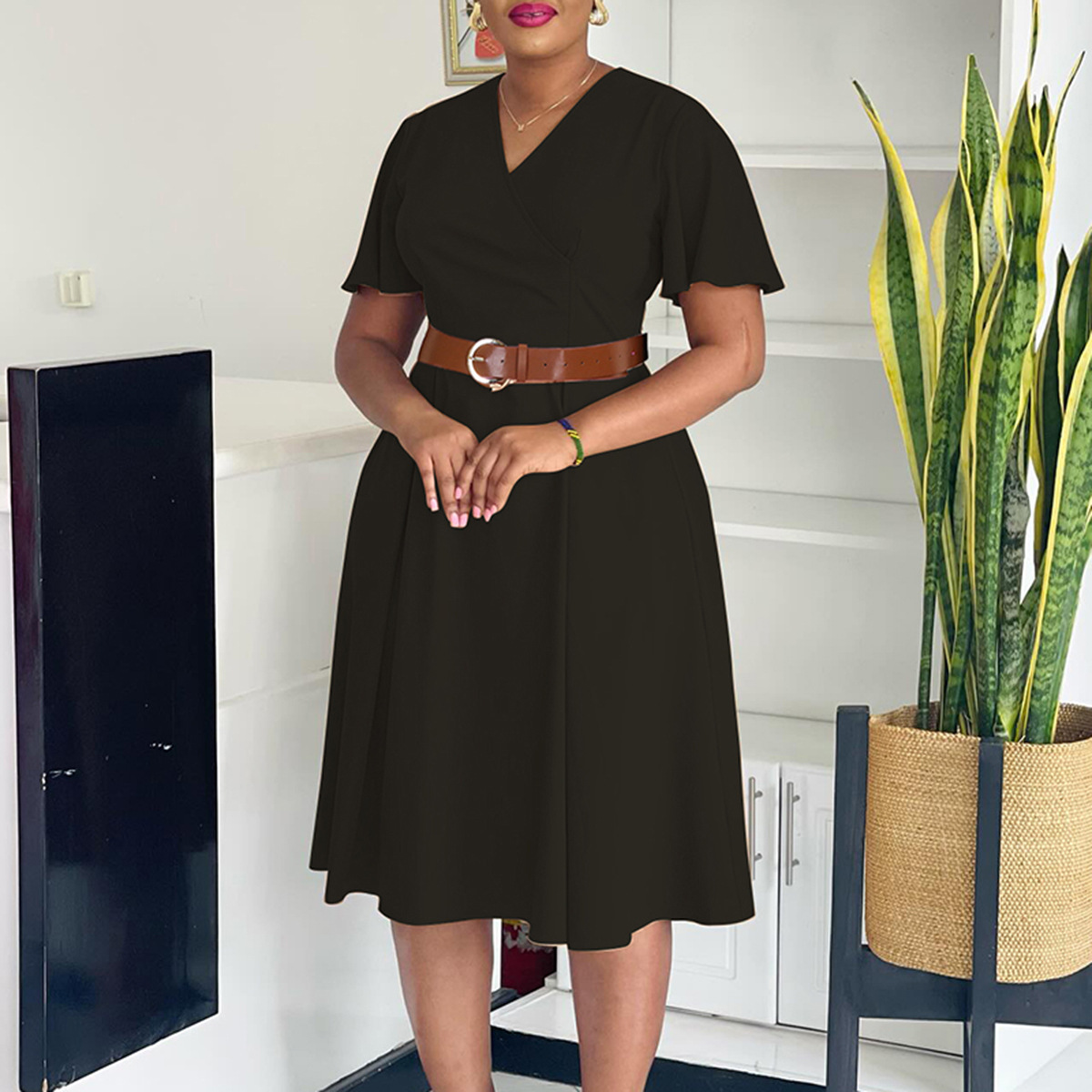 Plus Size Women's Clothing V Neck Dress Elegant Solid Color Flared Sleeve Casual Fashion American Style_ecoleips.com