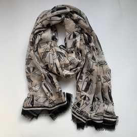 2024年早春新款 出口尾货 老佛爷咖底太阳伞图案女围巾披肩