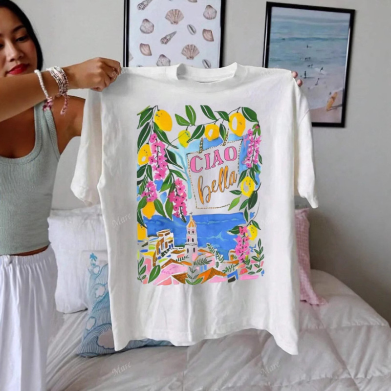 Aliexpress Xiyin Summer New Women's Casual Round Neck Short Sleeve T-Shirt Lemon Town Floral Pattern Print