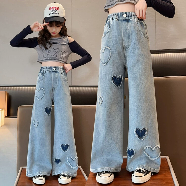 Girls Denim Wide-Leg Pants, Heart Patch & Frayed Hem, Elastic Waist — Spring/Autumn