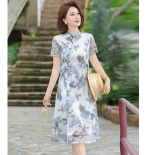 Mom's Summer New Chinese Style Improved Cheongsam Dress Women's New Middle-Aged and Elderly Women's Summer Short-Sleeved Casual Skirt