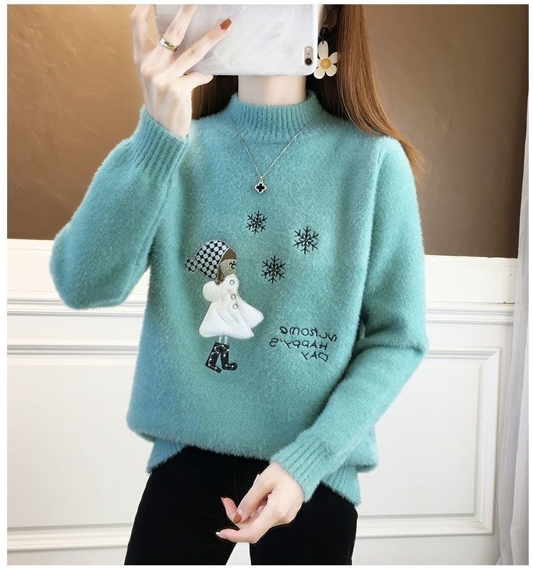 秋冬新款绣花毛衣女 宽松甜美内搭针织衫厚仿貂套头半高领打底衫