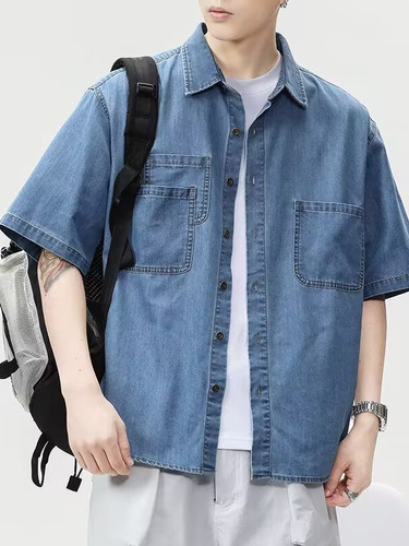 Japanese Retro Workwear Short-Sleeve Shirt for Men with a Cool and Stylish Vibe, Spring and Summer Five-Sleeve Stylish Denim Shirt, Loose Short-Sleeve Blouse