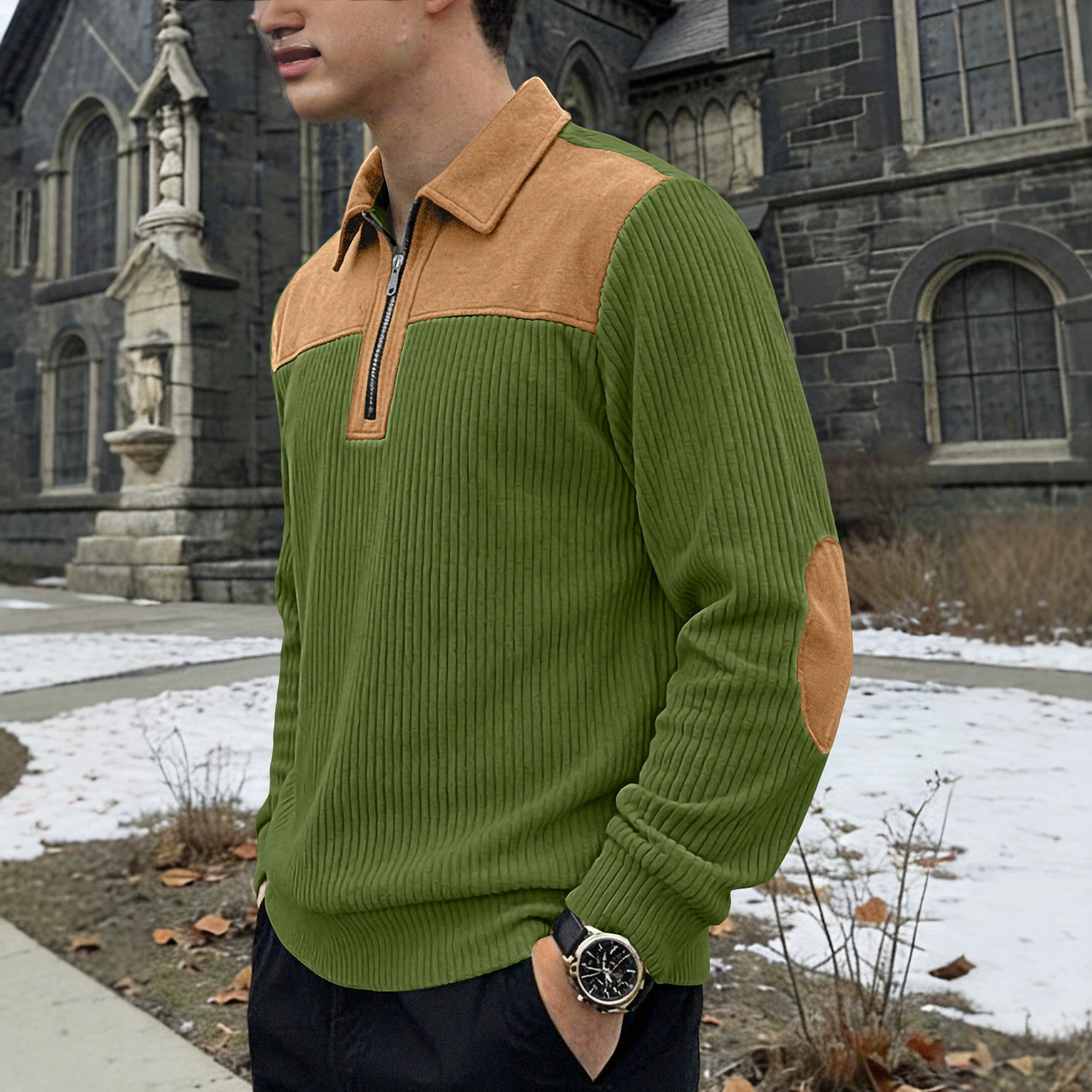 Transfronterizo Europa y América Amazon otoño y invierno explotador hombre cuello medio cremallera moda de terciopelo de color combinado camisa Henry suéter hombre