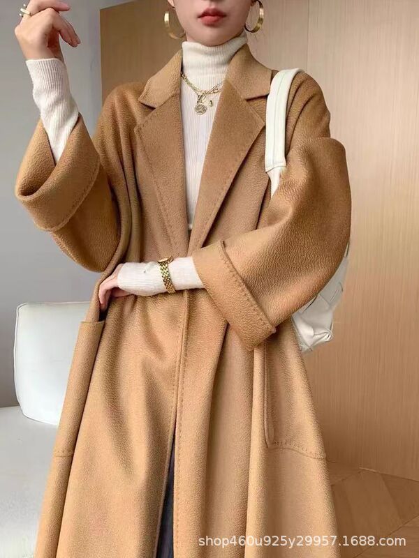 ウォーターリップル両面カシミヤコート女性のロングヘップバーンスタイルレースアップウールコート気質ラペル|undefined