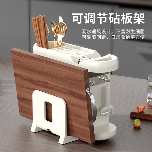 Kitchen knife holder, chef's knife storage rack with a sharpening stone, single wheel chopstick holder, integrated food placement cutting board stand