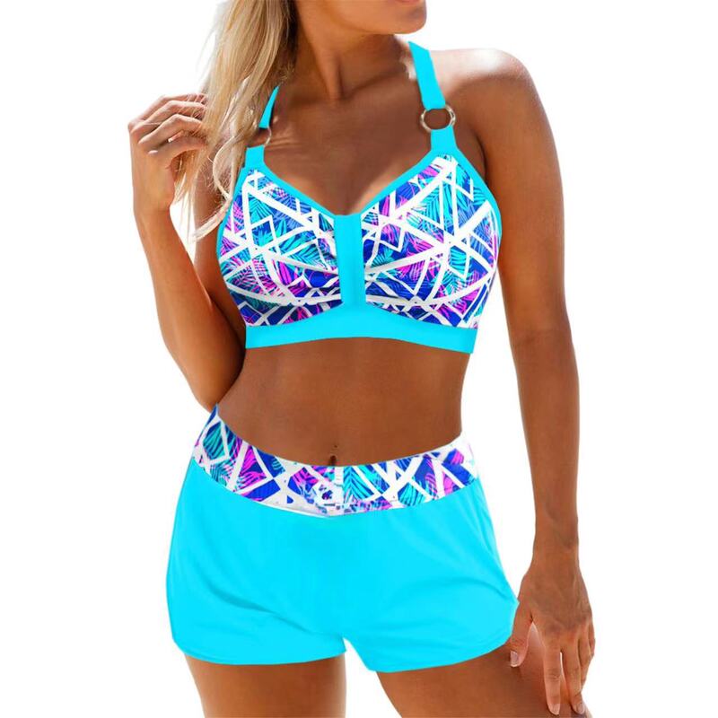 2025 New European and American Cross-Border Multi-Color Striped Printed Bikini Large Size Suspender Boxer High Waist Split Swimsuit for Women