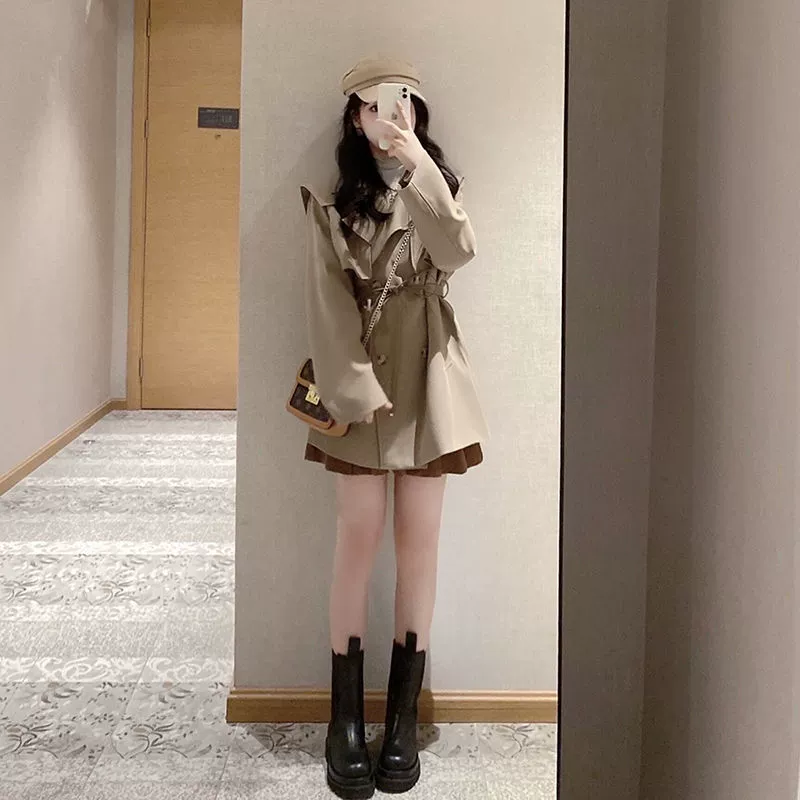 Autumn trench coat, design brace for leisure, jacket, Korean style, trend of season