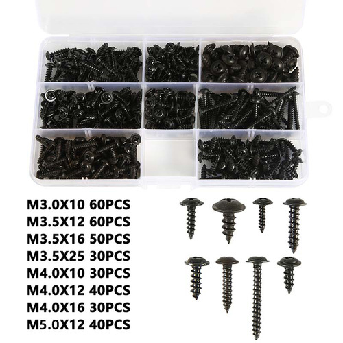 340pcs Black carbon steel PWA cross self-tapping screws with insert, round head screws with pads