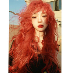 Wang Ming False Hair for Women - Orange-Red Wool Wavy Long Hair Natural Simulation Egg Bangs Lolita Full Headset
