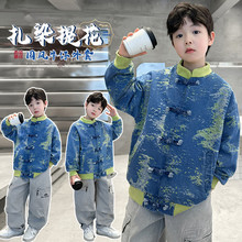 男童春季国风紫色提花牛仔外套2025新款儿童外贸国潮盘扣风衣汉服