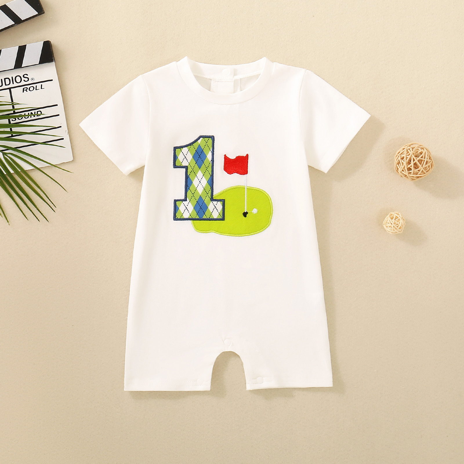 Cross-border baby neutral baby 1-year-old baby golf embroidered white short-sleeved jumpsuit GL2456