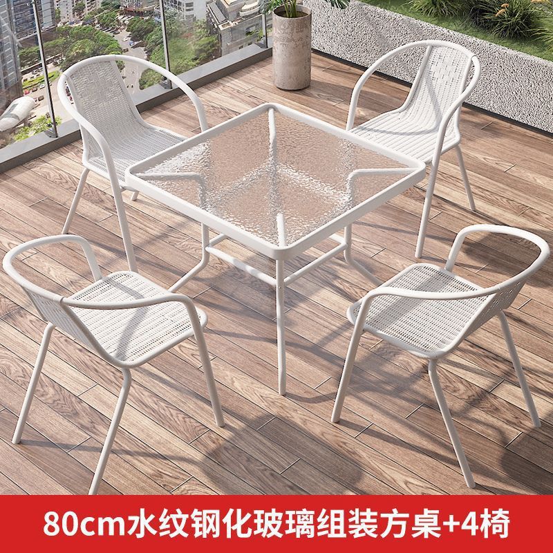 Mesa y silla de balcón de tres piezas, mesas de té casuales, combinación de vidrio blanco plegable, una mesa y dos sillas, mesas de té pequeñas