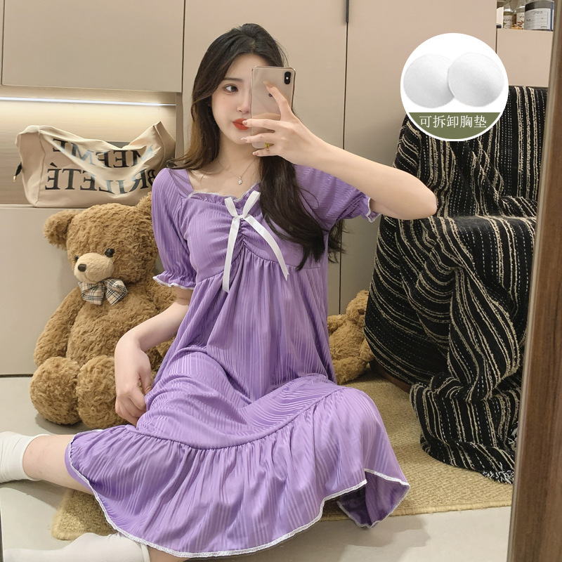 Fábrica directa de verano vestido de pijama de mujer sobre rodillas dopamina de color sólido plegado pozo cómodo vestido de hogar vestido largo cojín de pecho