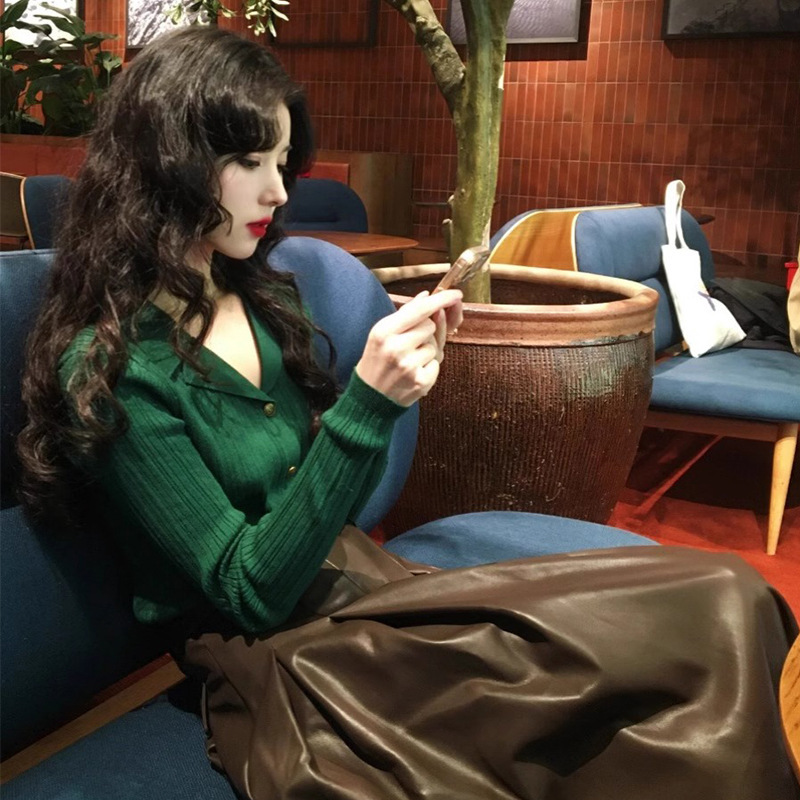 High-grade Green Lapel Knitted Cardigan Women's Autumn and Winter Chanel Style Inner Sweater Slim-fit Polo Shirt Base Top