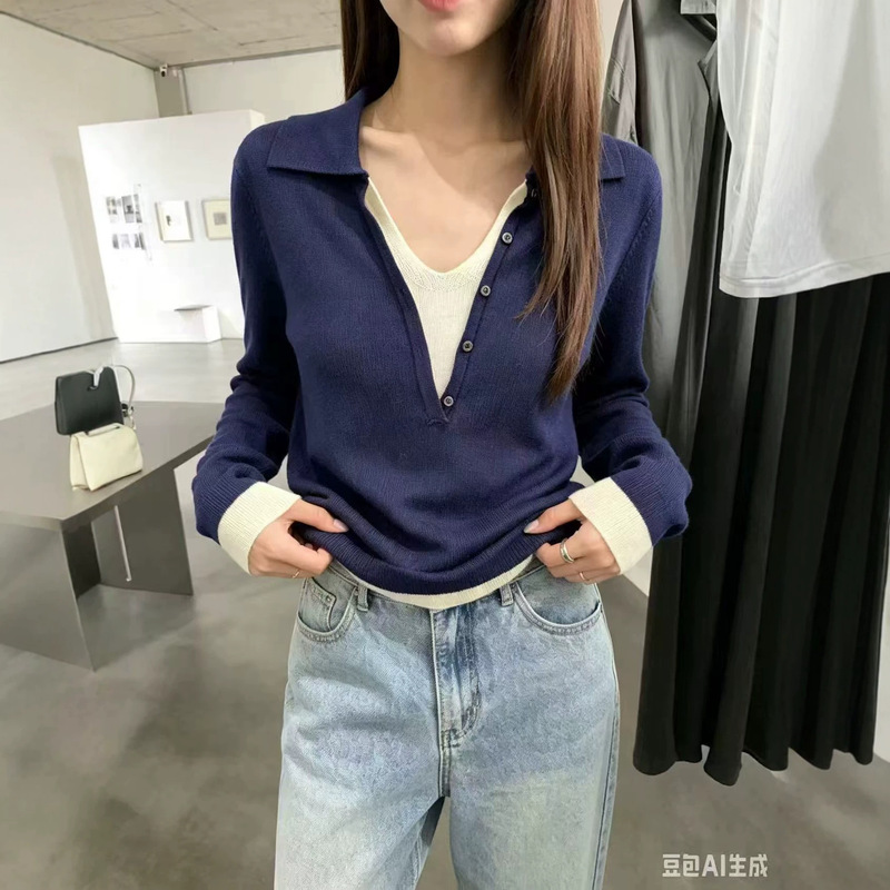 Stylish five-button patchwork lapel knit sweater for women, new autumn 2026 Korean version, elegant six-silk wool color-block top Stylish five-button patchwork lapel knit sweater for women, new autumn 2026 Korean version, elegant six-silk wool color-block top