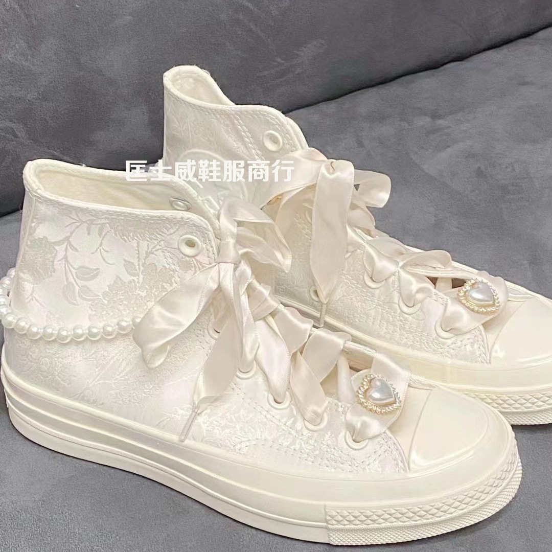 미키 컨버스 1970 년대 꽃 질감 리본 진주 실크 공주 웨딩 신발 남녀 캔버스 신발 A07247C