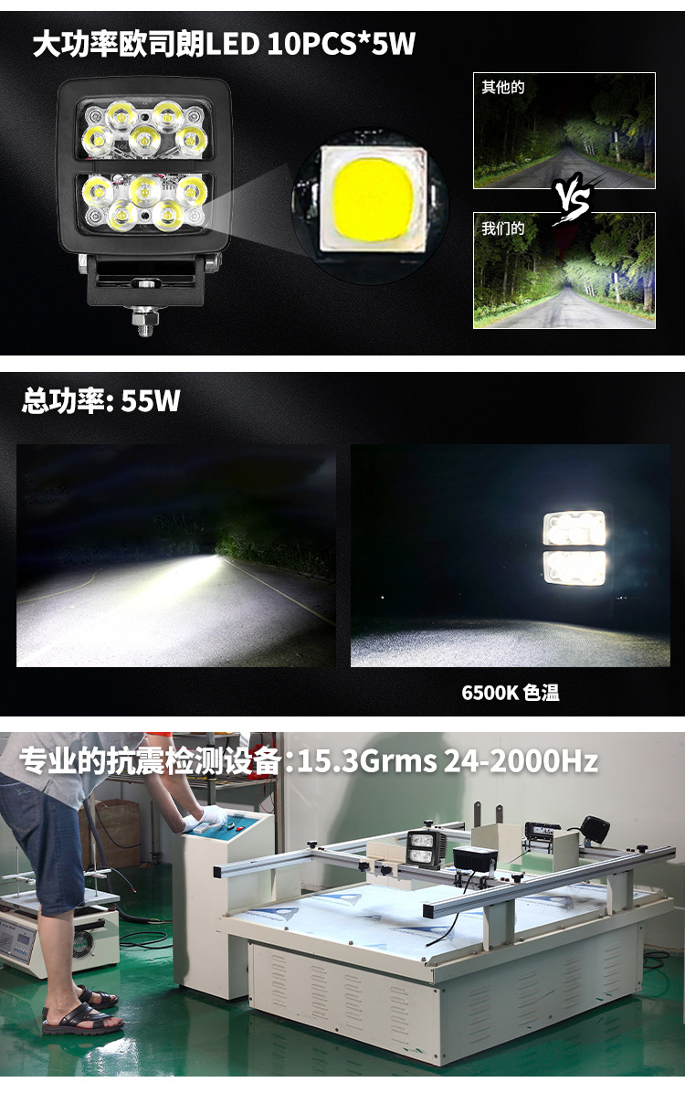 Excavator LED work light 55W high power, waterproof and shockproof large arm lighting spotlight for mining heavy machinery