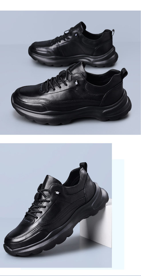 Giày sneaker nam da bò lớp đầu, đế xốp nhẹ, gót 3,5 cm — màu đen chi tiết 15