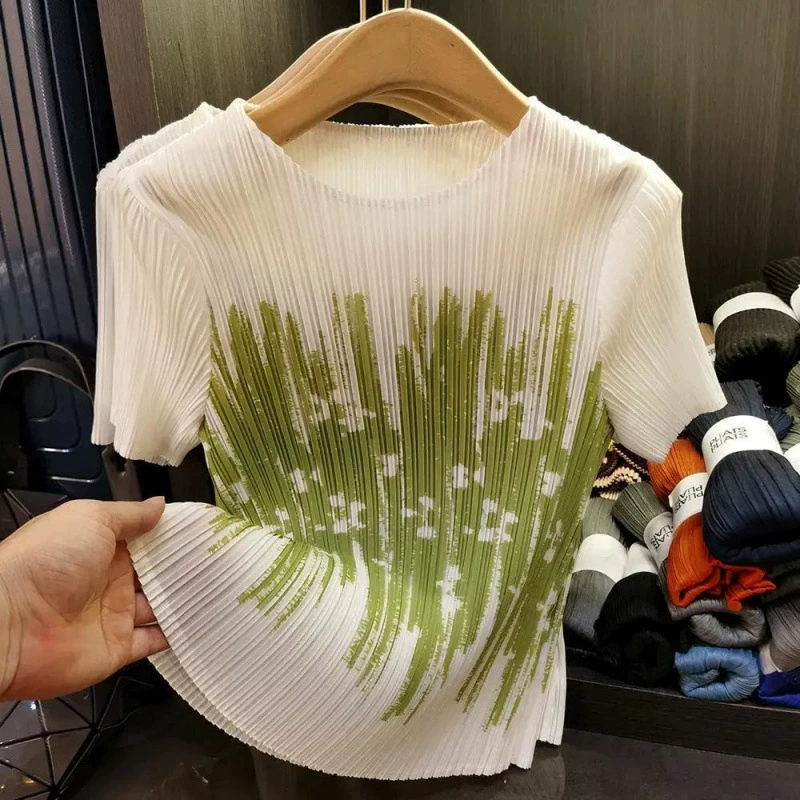 Miyake дизайнерская нишевая плиссированная футболка с короткими рукавами и принтом, женская летняя новая рабочая одежда, универсальный плиссированный топ с круглым вырезом