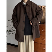 冬季日系男装复古毛呢大衣男女氛围感中长款风衣宽松休闲外套保暖