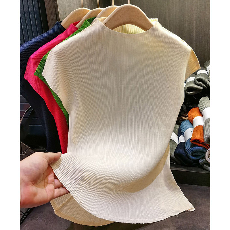 百搭经典款~简约纯色立领褶皱上衣女夏季新款修身显瘦短袖T恤女