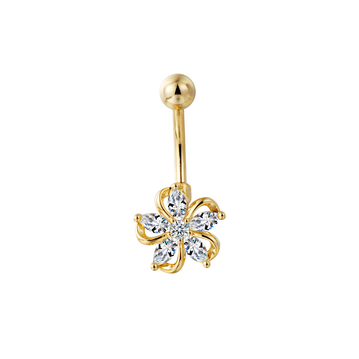 Auf Lager – Bestseller! Luxuriöser, modischer und sexy Bauchnabelpiercing-Ring mit Zirkonia-Blume._voghion.com