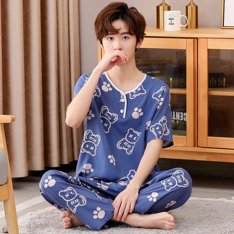 Summer Thin Air-Conditioned Cotton Silk Pajamas Set for Teenagers, Boys, Middle and Older Children, Cotton Silk Home Student Artificial Cotton Summer Thin Air-Conditioned Cotton Silk Pajamas Set for Teenagers, Boys, Middle and Older Children, Cotton Silk Home Student Artificial Cotton