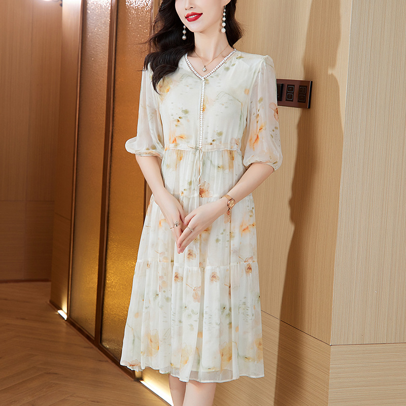 Chiffon Dress for Women Summer 2025 New Style Petite Middle-Aged Mother's Dress Plus Size Slimming Look Women's Skirt