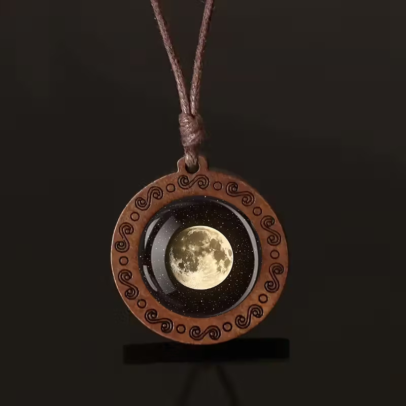 Full Moon and Star Pendant Necklace - Adjustable Cord, Wooden Astronomical Design Suitable for Everyday Wear