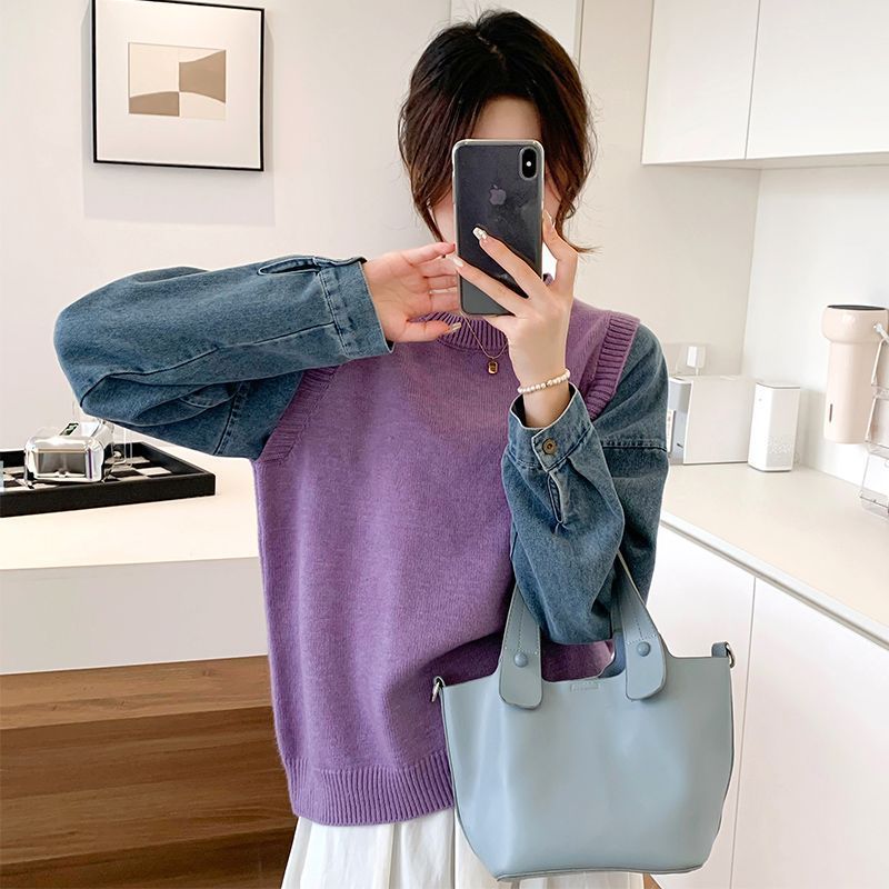 假两件牛仔衬衫袖拼接针织衫上衣女秋冬2025新款圆领宽松慵懒外穿|undefined