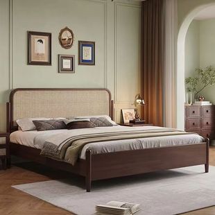 Rattan Solid Wood Bed Nordic Retro 1.2 m1.35m Single Bed Small Apartment Bedroom Homestay Apartment 1.8m Big Bed