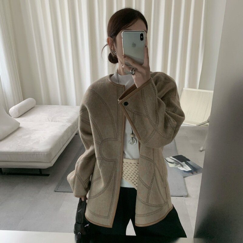 Double-Sided Alpaca Wool Coat with Loose Shoulders, Chain Shadow Totem Design, Leather Trim, Round Neck, Embroidered Wool Coat