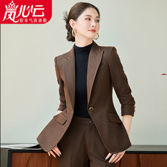 条纹卡其气质名媛时尚套装秋冬季两件套穿搭女装一整套高级感2594