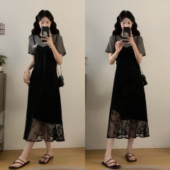 大码女装2025夏设计感气质时尚休闲蕾丝拼接假两件显瘦连衣裙
