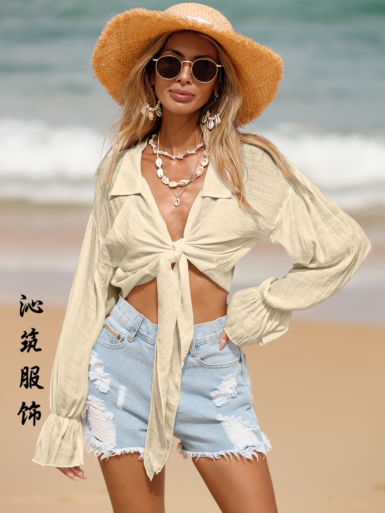 Blusa de playa transfronteriza protección solar frente encaje-arriba Camisa de algodón slub Amazon manga larga nueva playa protección solar camisa para mujeres