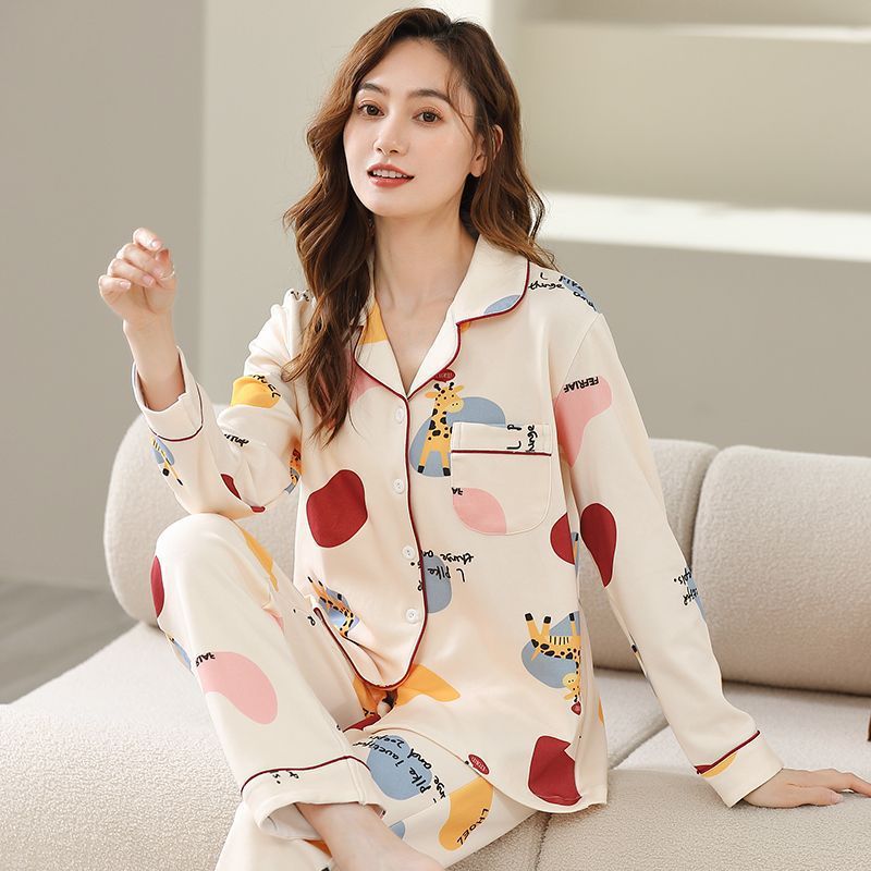 De gama alta 100% pijamas de algodón de las mujeres de primavera y otoño de verano de manga larga cardigan dulce casual suelta casa desgaste mamá traje