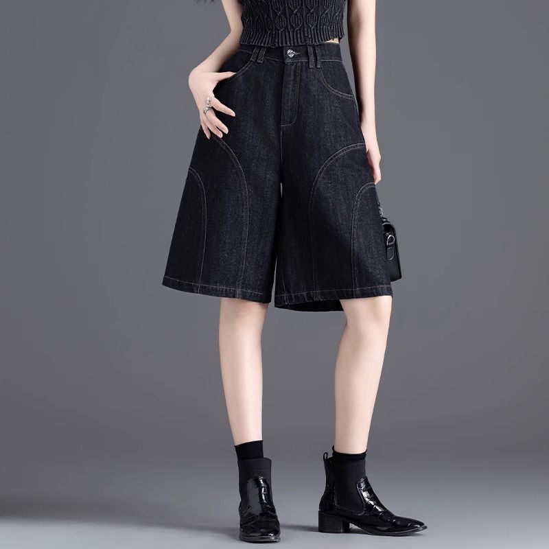 Black Denim Shorts for Women, Summer Thin Style 2025 New Small Loose Five-Point Straight Wide-Leg Knee-Length Shorts
