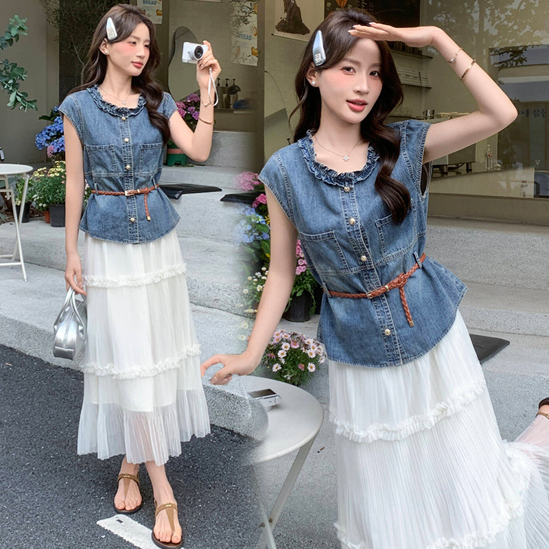 Bộ yếm quần denim không tay kết hợp chân váy ngắn nữ 2 món mùa hè 2026 — Màu ảnh