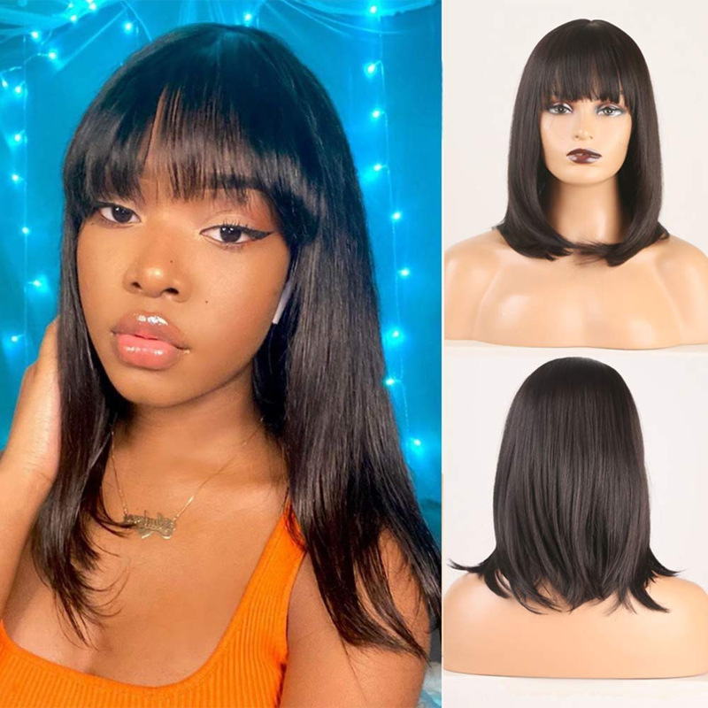 Wig Amazon European and American Style Women's Wig Straight Bangs Clavicle High Temperature Silk Mechanism Wig Headgear