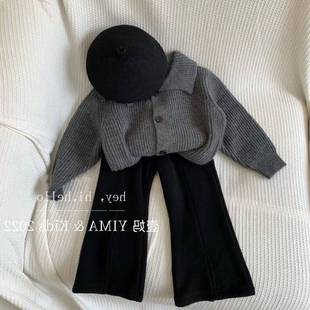 Korean Style Kidsren's Clothing 2024 Spring Clothing Girls' Fashionable Gray Knitted Cardigan Jacket Kidsren's Outer Sweater Baby Top