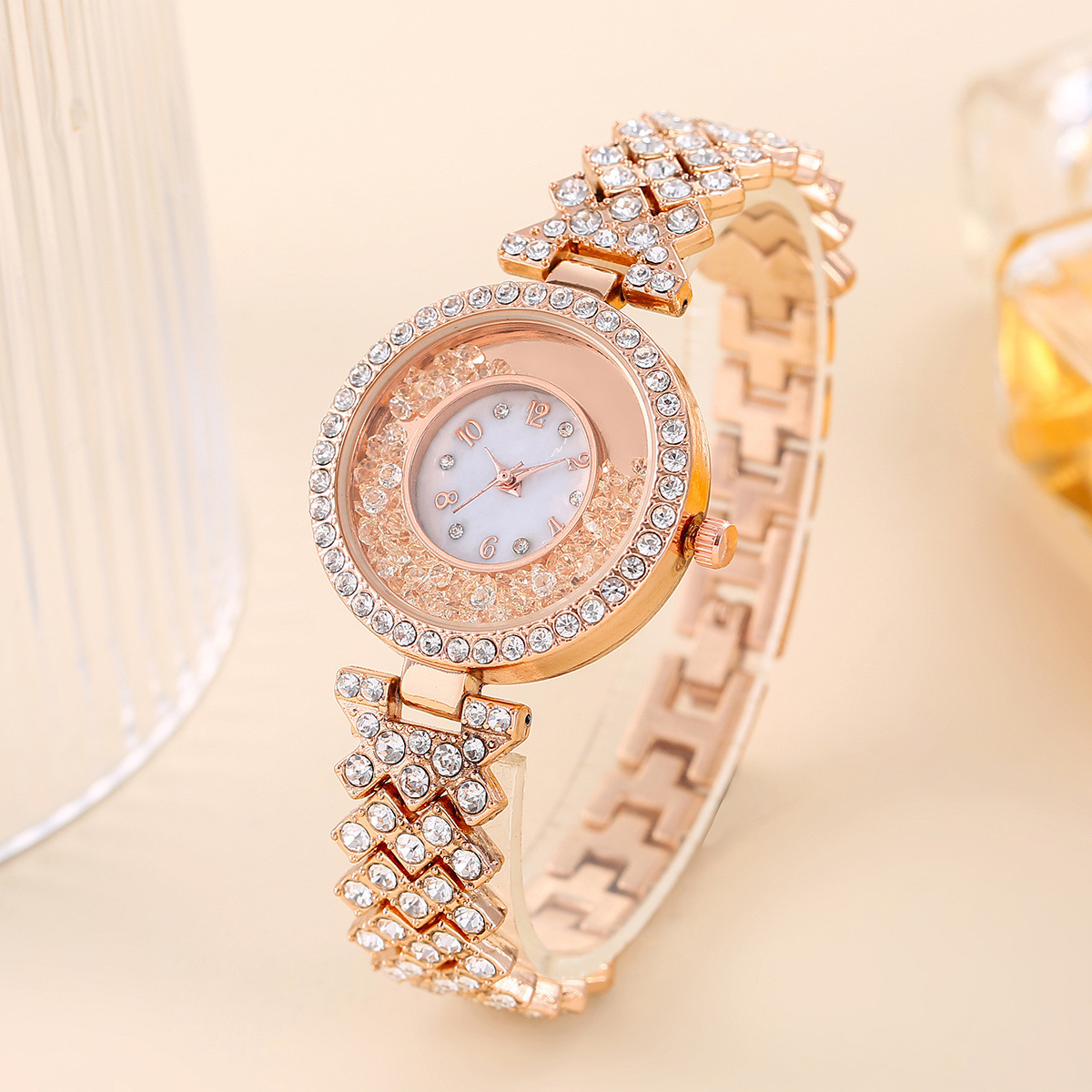 Fashion quicksand ball rhinestone Women's Watch Diamond Steel Belt bracelet digital dial light luxury watch_voghion.com