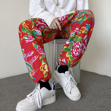 K520东北大花休闲加绒束脚九分裤大码中国风牡丹民族嘻哈大花裤子