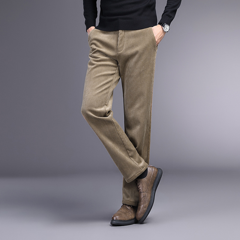 Pantalones casuales de negocios ligeros de pana de alta calidad pantalones de traje de otoño e invierno para hombres pantalones de hombre forrados de lana engrosados de mediana edad y ancianos